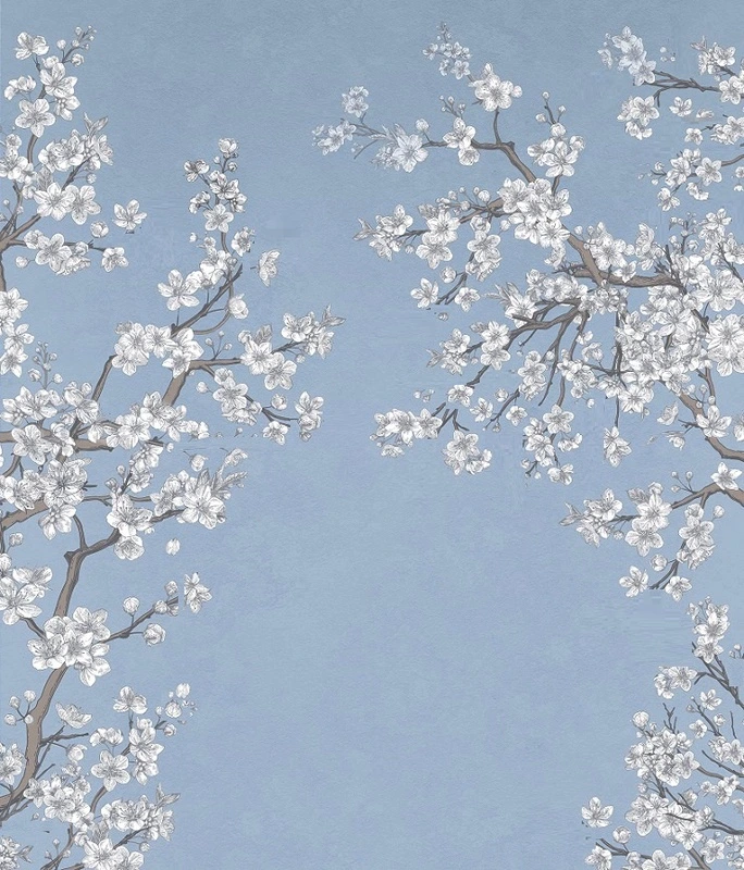 Фотообои на стену - цветы, ветки яблони, ветки с белыми цветами, голубые