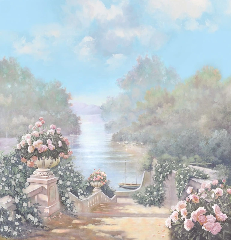 Фотообои на стену - пейзаж, пейзаж с цветами, пейзаж с рекой, расширяющие пространство, 3Д, с перспективой