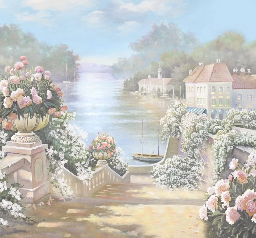 Фотообои на стену - пейзаж, цветы, пейзаж с пионами, с далью, спуск к воде, пейзаж живописный, пейзаж летний