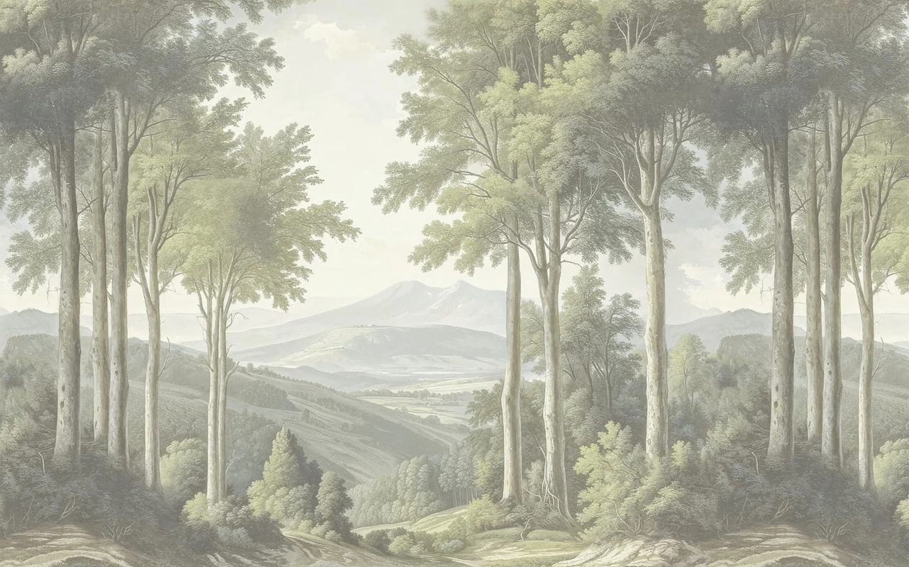 Фотообои на стену - пейзаж, деревья, горы, светлые, зеленые