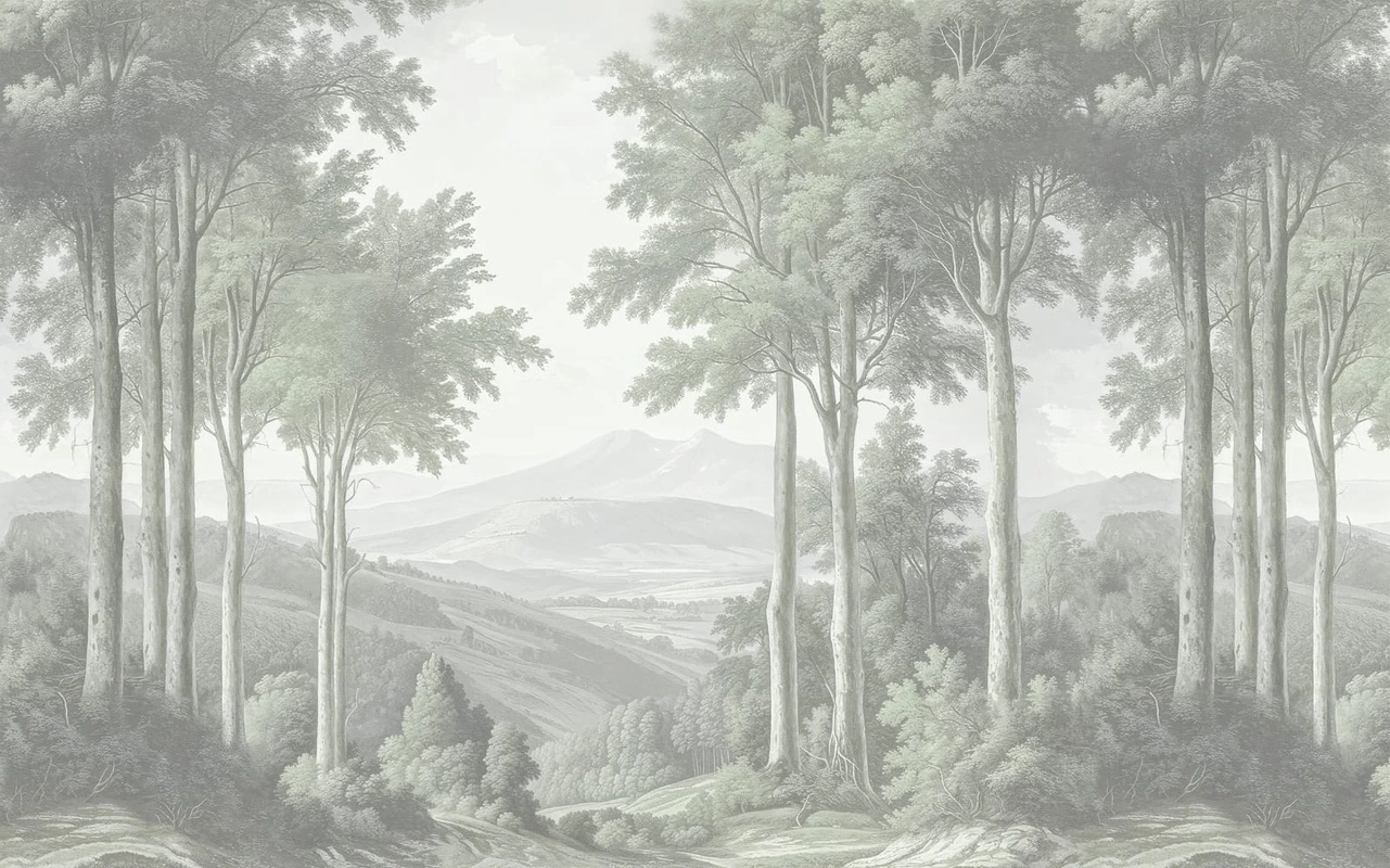 Фотообои на стену - пейзаж, деревья, горы, светло зеленые