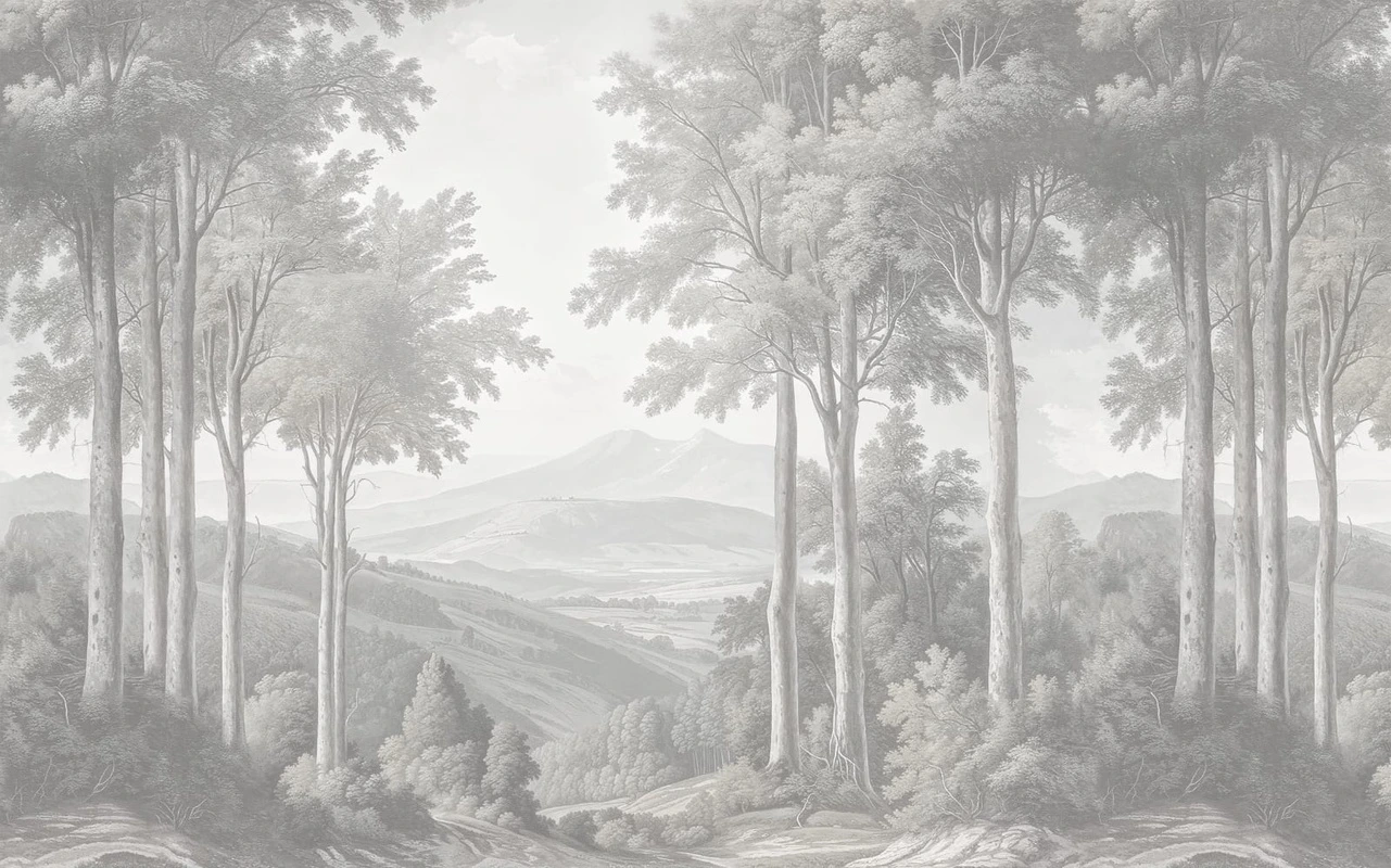 Фотообои на стену - пейзаж, деревья, горы, серая, светлая