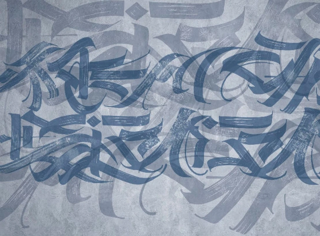 Фотообои и фрески на стену - абстрактные, абстракция, абстракция на стену, сине-голубая, с иероглифами