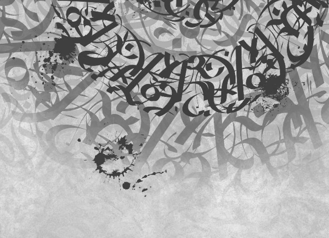 Фотообои и фрески на стену - абстракция, абстрактные, абстракция на стену, серая, темно серая, с черной графикой, с иероглифами, лофт