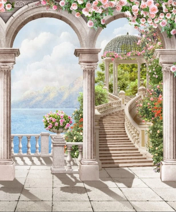 Фотообои на стену - арки, обои с арками, обои арки на стену, обои на кухню арка, с цветами, лестница, арка