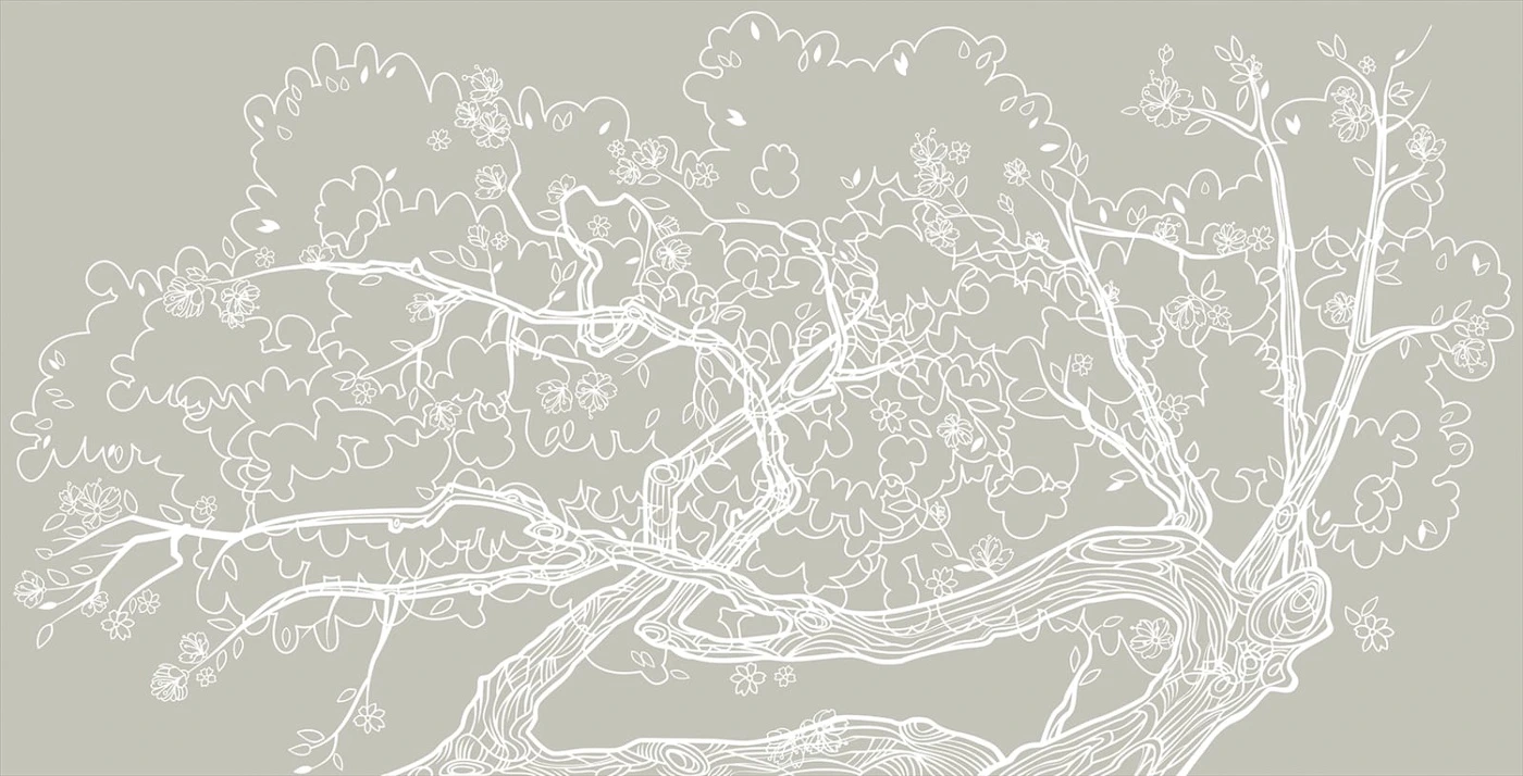 Фотообои и фрески на стену - графика, обои графикой, обои графика, дерево на стену, бело-серое, белые фрески на стену, белые