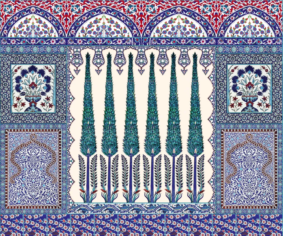 Фотообои и фрески на стену - ваза, восточный узор, арабский орнамент, узор, трава, вазы, византийский узор, синие, персидский орнамент, мозаика, цветы, разноцветные, орнамент