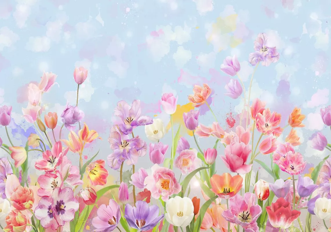 Фотообои и фрески на стену - цветочная поляна, голубые, цветы, луг, поляна с цветами