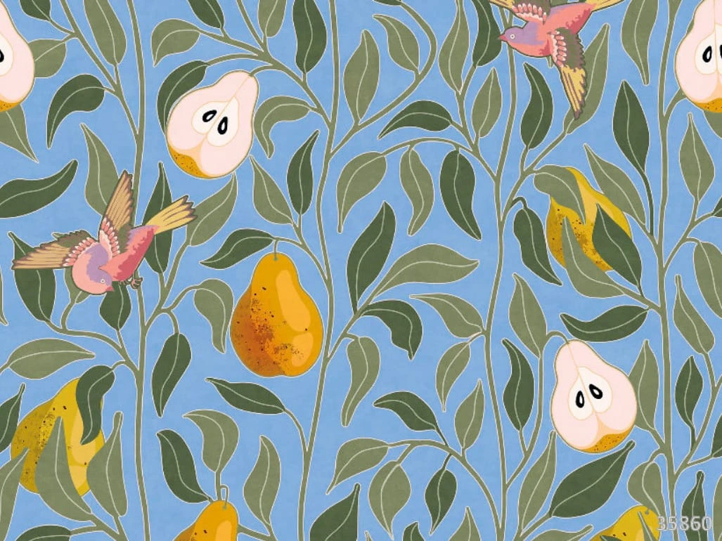 Фотообои на стену - минимализм, с фруктами, с листьями, синяя, груша