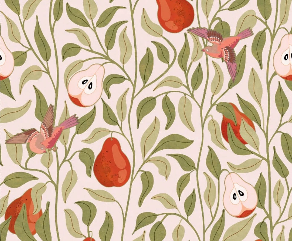 Фотообои на стену - минимализм, с фруктами, с листьями, розовая, зеленая, груши, птицы, красный