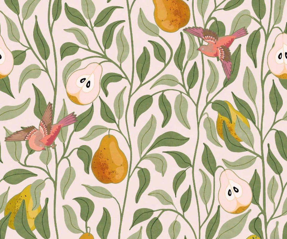 Фотообои на стену - минимализм, с фруктами, с листьями, розовая, зеленая, груши, птицы, оранжевые