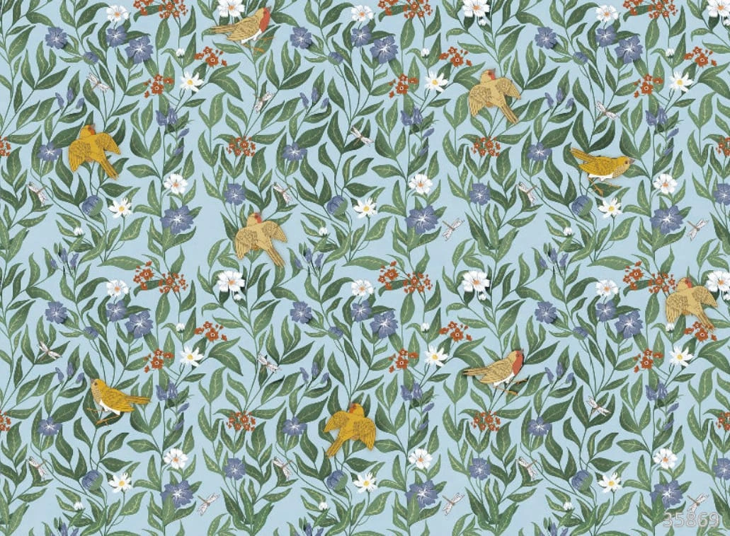 Фотообои на стену - минимализм, узоры, с цветами, с листьями, с птицами, синяя, голубая