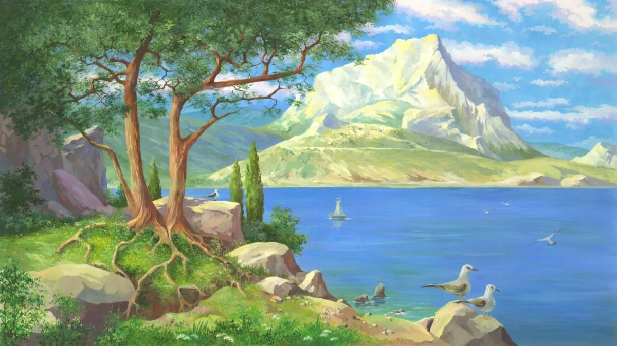 Фотообои и фрески на стену - пейзаж, берег моря, зеленые, синие, деревья, скалы, белые, чайки, парусники, природа, горы, дерево, море, белая гора, морской пейзаж, яркие, красочные