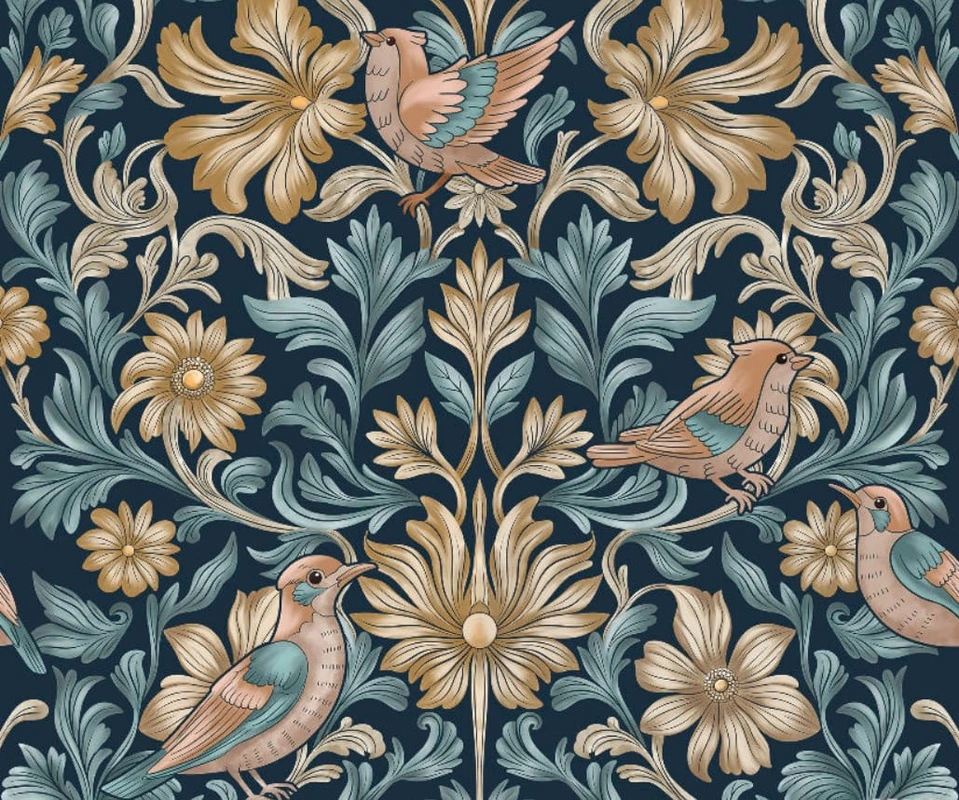 Фотообои на стену - минимализм, узоры, с цветами, с листьями, с птицами, бежевая, синяя, бирюзовая