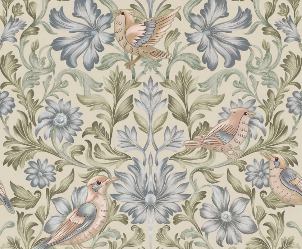 Фотообои и фрески на стену - минимализм, узоры, с цветами, с листьями, с птицами, кремовая, голубая, зеленая