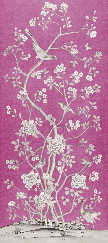 Фотообои на стену - шинуазри, птицы, цветы, розовый фон, ветви, декоративные, восточный стиль, серо-белые рисунки, экзотические птицы, флора, фауна, пейзаж, для гостиной, для спальни, для кухни