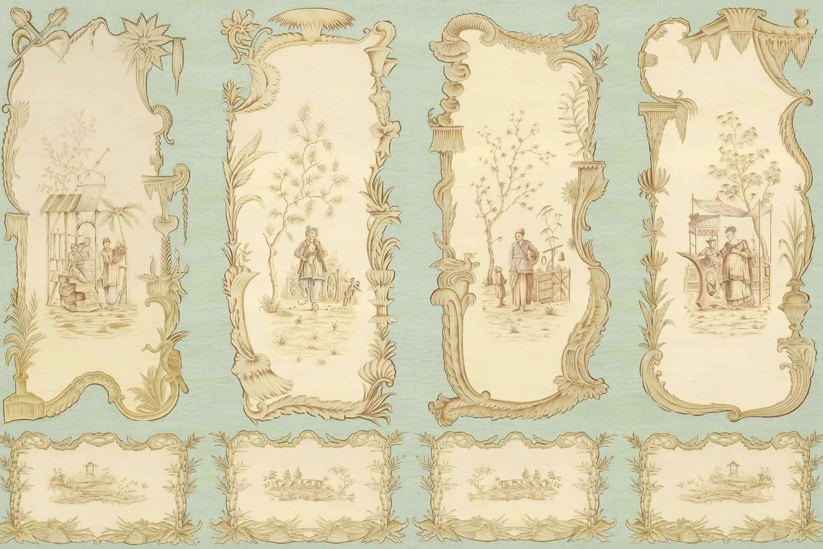 Фотообои и фрески на стену - шинуазри, винтаж, пастельные тона, бирюзовый фон, бежевые рамки, сцены с людьми, восточный стиль, классический орнамент, пейзаж, декоративные панели, для гостиной, для спальни, исторический сюжет