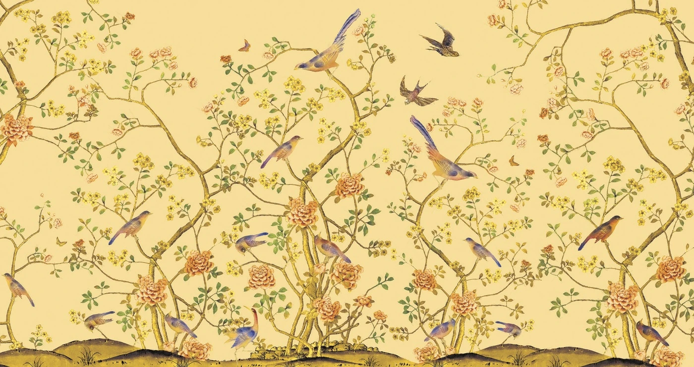 Фотообои на стену - шинуазри, птицы, цветы, жёлтый фон, розовые и жёлтые бутоны, зелёные листья, декоративные ветви, восточный стиль, флора, фауна, пейзаж, для гостиной, для спальни, для кухни
