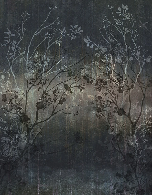 Фотообои и фрески на стену - тёмный фон, силуэты ветвей, птицы, цветы, градиент, мистическая атмосфера, флора, фауна, акварельный эффект, декоративные, для гостиной, для спальни, абстракция, вечерний пейзаж, шинуазри