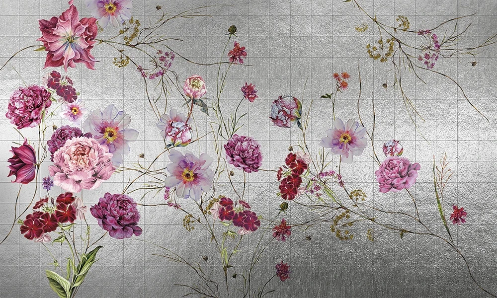 Фотообои на стену - шинуазри, серебристый фон, цветы, розовые пионы, ветви, флора, декоративные, современный стиль, глянцевый эффект, блеск, для гостиной, для спальни, для кухни