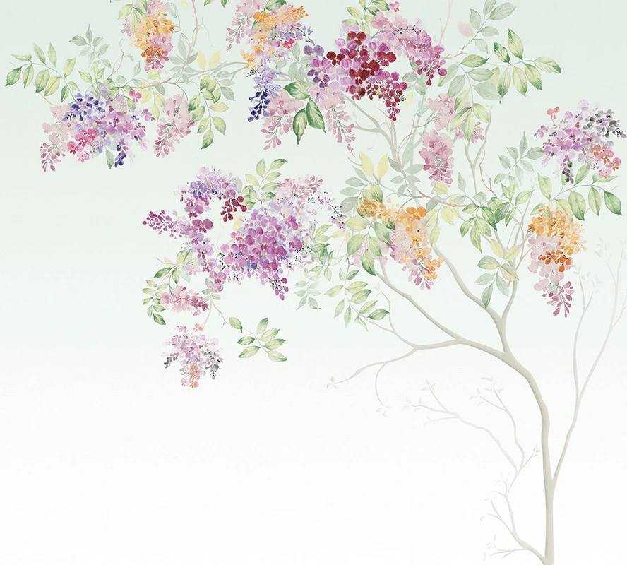 Фотообои на стену - шинуазри, сирень, ветви, цветы, зелёные листья, градиентный фон, пастельные тона, весенний мотив, акварельный стиль, флора, декоративные, для гостиной, для спальни, для кухни