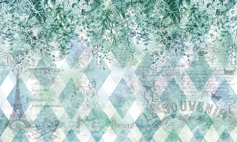 Фотообои и фрески на стену - винтаж, зелёные листья, ромбы, надписи, Париж, Эйфелева башня, акварельный стиль, флора, декоративные, прованс, ретро, для гостиной, для кухни, для спальни, шинуазри