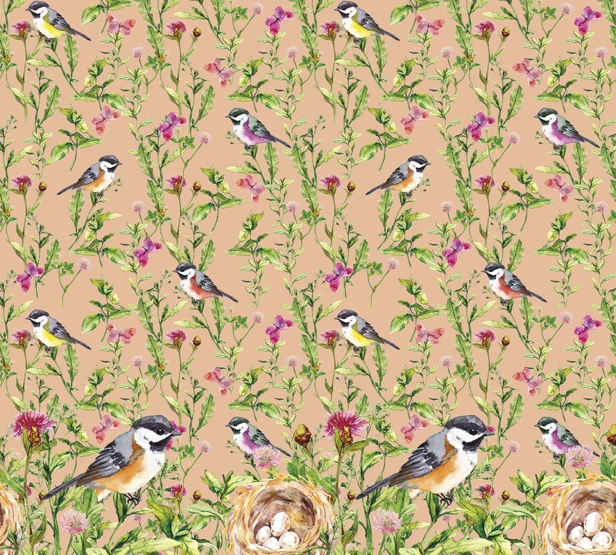 Фотообои на стену - птицы, гнёзда с яйцами, цветы, зелёные листья, бежевый фон, акварельный стиль, флора, фауна, весенний мотив, декоративные, для гостиной, для спальни, для кухни, шинуазри