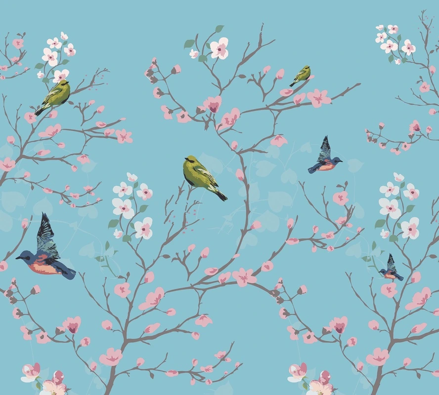 Фотообои и фрески на стену - шинуазри, птицы, цветущие ветви, розовые цветы, голубой фон, зелёные листья, флора, фауна, весенний мотив, декоративные, для гостиной, для спальни, для кухни