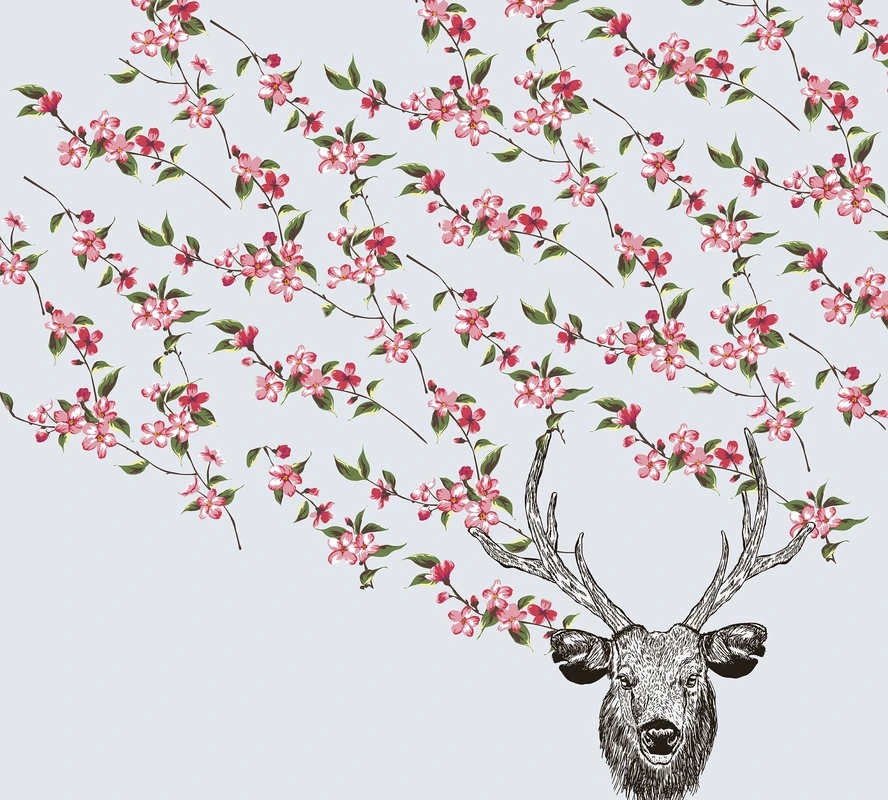 Фотообои на стену - шинуазри, олень, рога, цветущие ветви, розовые цветы, зелёные листья, голубой фон, флора, фауна, декоративные, для гостиной, для спальни, для кухни