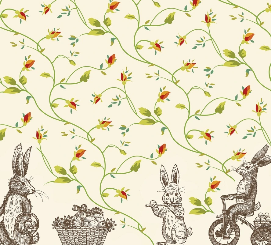 Фотообои на стену - шинуазри, кролики, пасхальные яйца, велосипед, корзина, цветущие ветви, жёлтые и красные бутоны, зелёные листья, бежевый фон, декоративные, для детской, для кухни, весенний мотив