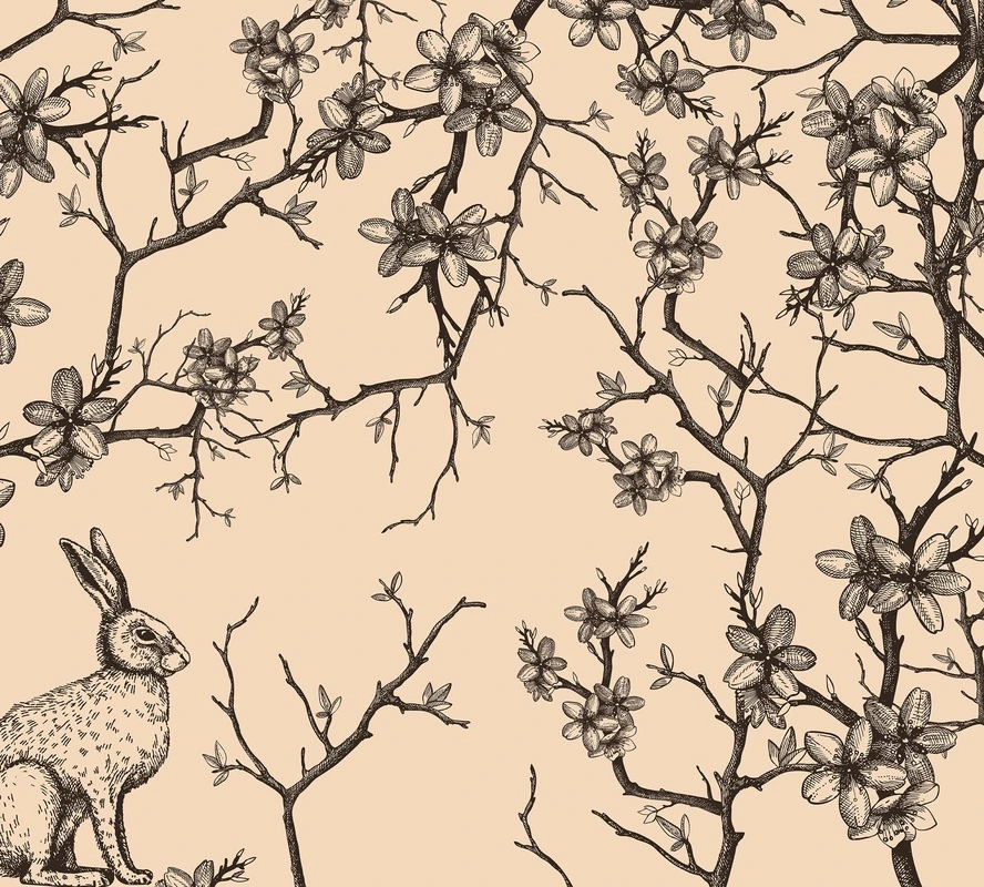 Фотообои и фрески на стену - шинуазри, кролик, ветви с цветами, бежевый фон, чёрно-белая графика, флора, фауна, декоративные, винтажный стиль, для гостиной, для спальни, для кухни