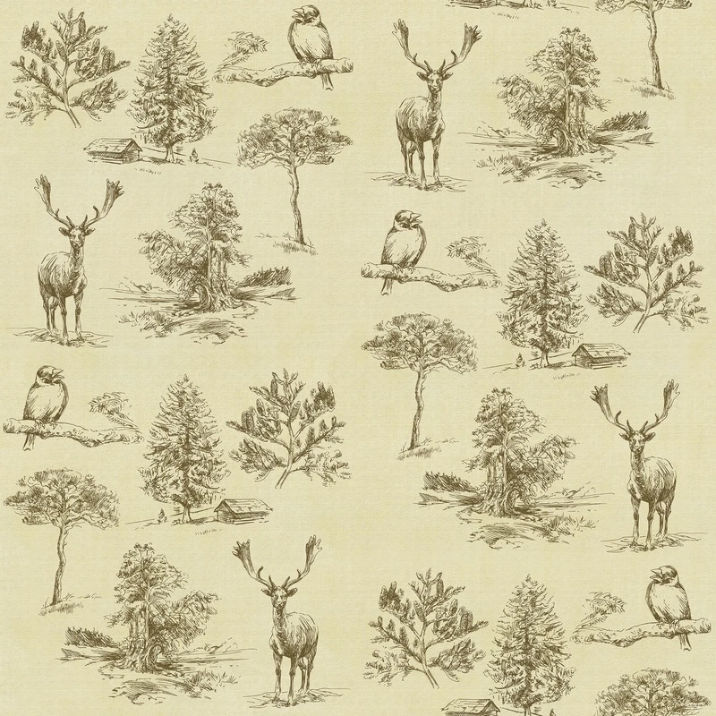 Фотообои на стену - шинуазри, олени, совы, деревья, лес, домики, бежевый фон, графика, флора, фауна, винтажный стиль, декоративные, для гостиной, для спальни