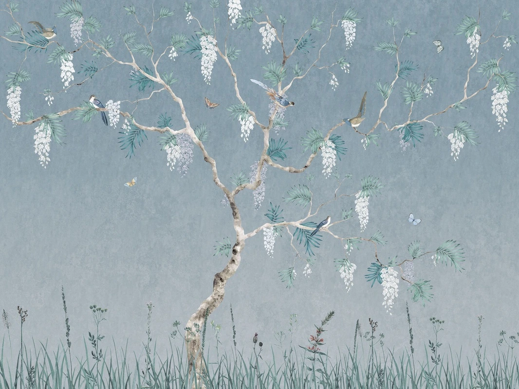 Фотообои и фрески на стену - шинуазри, дерево, птицы, белые цветы, зелёные листья, голубой фон, трава, бабочки, флора, фауна, декоративные, для гостиной, для спальни, для кухни