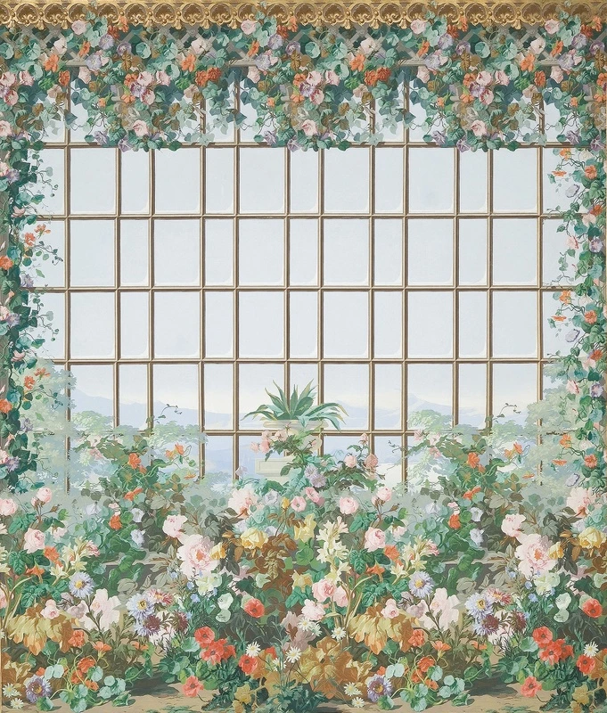 Фотообои на стену - шинуазри, зимний сад, цветы, зелёные листья, панорамное окно, вьюнки, декоративные растения, флора, пейзаж, для гостиной, для спальни, для кухни
