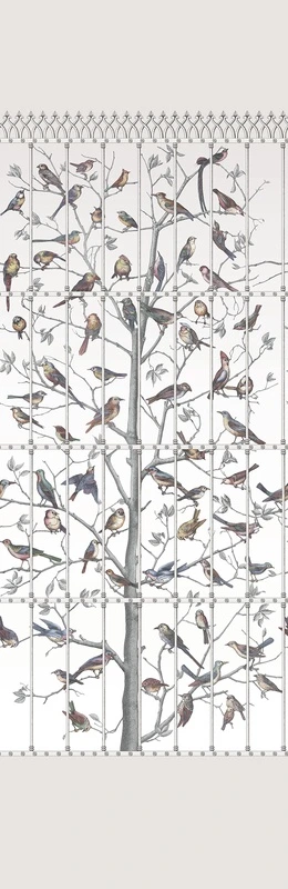 Фотообои и фрески на стену - шинуазри, дерево, птицы, клетки, серый фон, ветви, декоративные, флора, фауна, графика, для гостиной, для спальни, для кухни