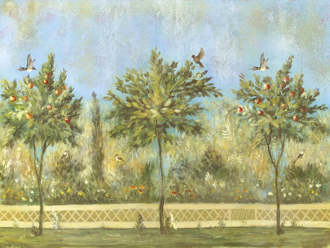 Фотообои и фрески на стену - шинуазри, сад, деревья с фруктами, птицы, цветы, зелёные листья, синие оттенки, пейзаж, декоративные, флора, фауна, для гостиной, для спальни, для кухни