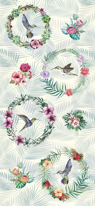 Фотообои и фрески на стену - шинуазри, колибри, тропические цветы, зелёные листья, венки, экзотические растения, флора, фауна, декоративные, яркие цвета, для гостиной, для спальни, для кухни