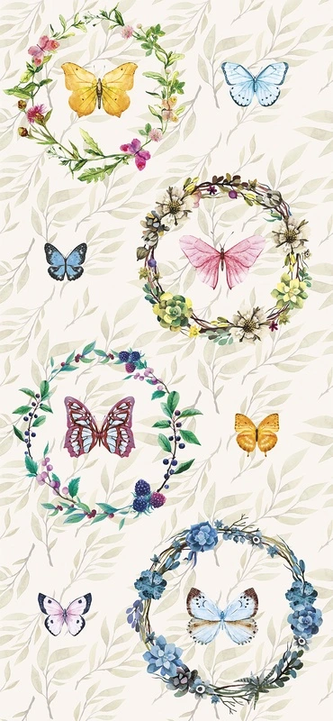 Фотообои на стену - шинуазри, бабочки, цветочные венки, зелёные листья, ягоды, декоративные, флора, акварельный стиль, светлый фон, для гостиной, для спальни, для кухни