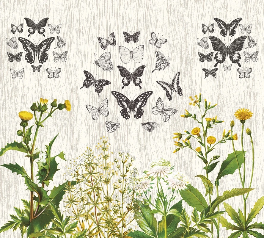 Фотообои и фрески на стену - шинуазри, бабочки, полевые цветы, жёлтые бутоны, зелёные листья, бежевый фон, флора, декоративные, винтажный стиль, для гостиной, для спальни, для кухни