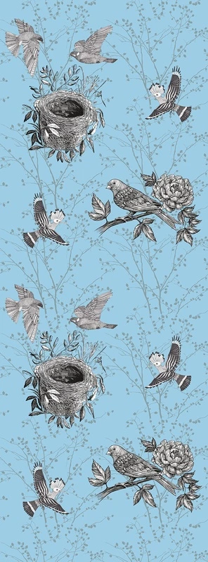 Фотообои и фрески на стену - шинуазри, птицы, гнездо, ветви, цветы, голубой фон, винтажный стиль, ботаническая иллюстрация, декоративные, для гостиной, для спальни, для кухни