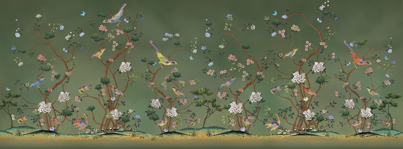 Фотообои и фрески на стену - шинуазри, китайский стиль, птицы, цветы, деревья, зелёный фон, ветви с цветами, экзотические птицы, декоративный, панно, живопись, ботаническая роспись, природа, пейзаж, восточный орнамент, для гостиной, для спальни