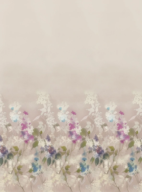 Фотообои и фрески на стену - шинуазри, акварельные цветы, пастельный фон, градиент, белые, розовые, сиреневые, голубые и фиолетовые цветы, нежный ботанический узор, весенняя тематика, мягкие тона, романтичный стиль, для спальни, для гостиной, для столовой, расширяющие пространство, светлый интерьер