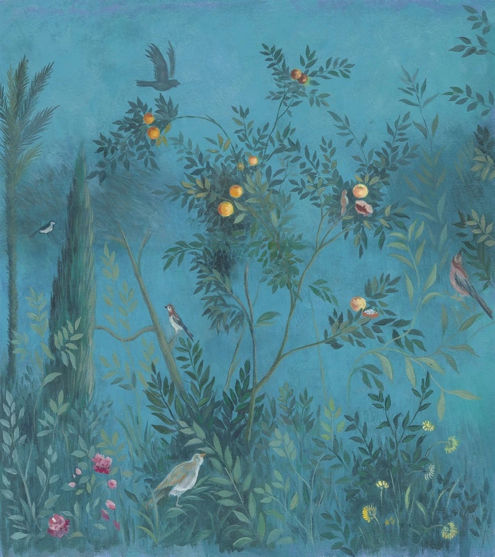 Фотообои и фрески на стену - шинуазри, синие обои, пышная зелень, тропические растения, цитрусовые деревья, апельсины, птицы на ветках, цветы, экзотический сад, восточный стиль, декоративная роспись, флора и фауна, художественная панель, интерьерная живопись, природа, для гостиной, для спальни, изысканный декор