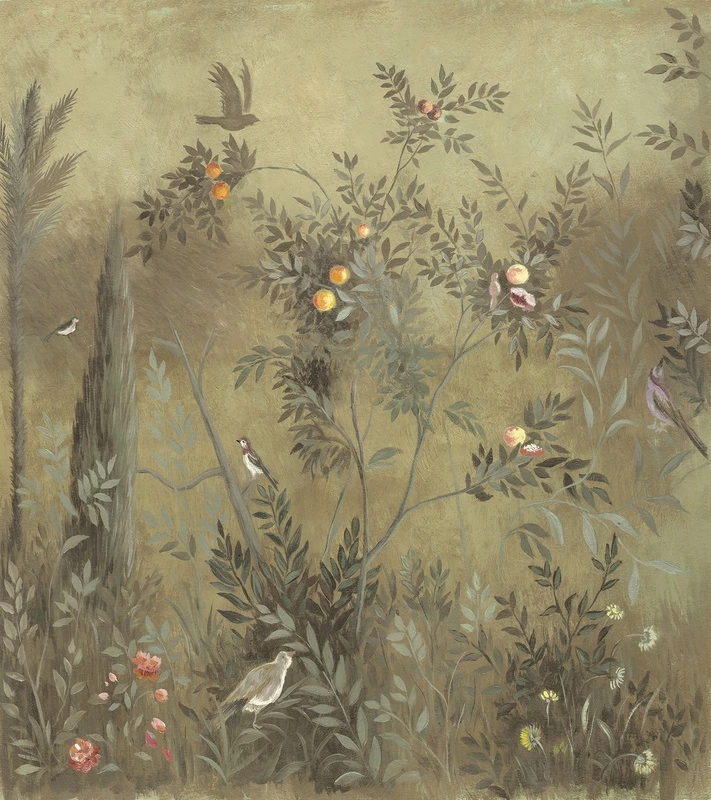 Фотообои и фрески на стену - шинуазри, бежевые обои, пышная зелень, тропические растения, цитрусовые деревья, апельсины, птицы на ветках, цветы, экзотический сад, восточный стиль, декоративная роспись, флора и фауна, художественная панель, интерьерная живопись, природный орнамент, для гостиной, для спальни, изысканный декор