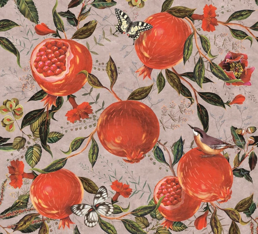 Фотообои и фрески на стену - цветы, с фруктами, гранат, бежевая, красная, яркая