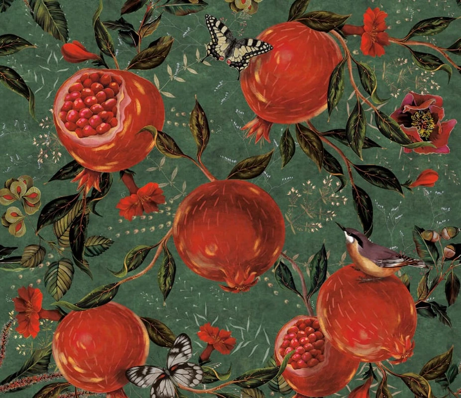 Фотообои на стену - цветы, с фруктами, гранат, зеленая, красная, яркая