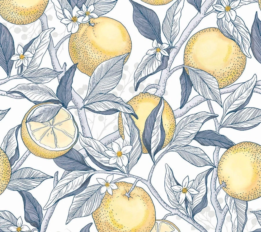 Фотообои и фрески на стену - цветы, с фруктами, апельсины, на белом фоне, серая, желтая