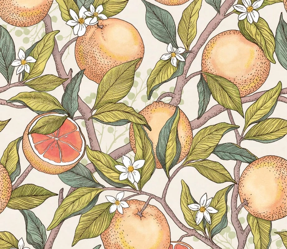 Фотообои и фрески на стену - цветы, с фруктами, апельсины, кремовая, зеленая, желтая