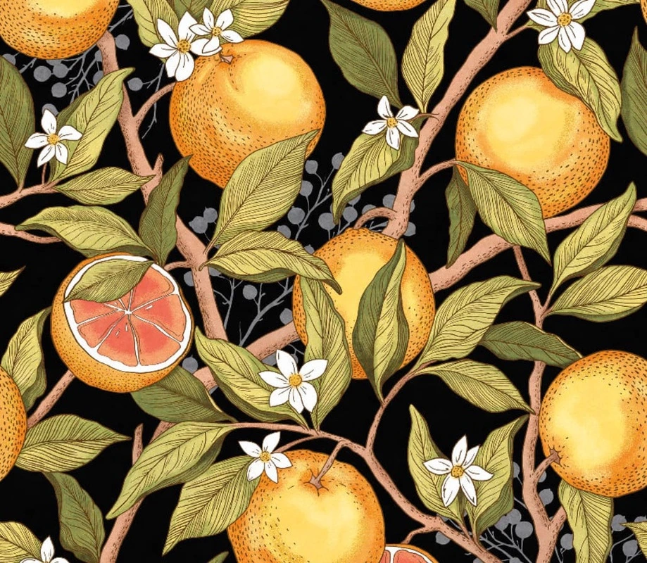 Фотообои на стену - цветы, с фруктами, апельсины, черные, на черном фоне, оранжевая, зеленая