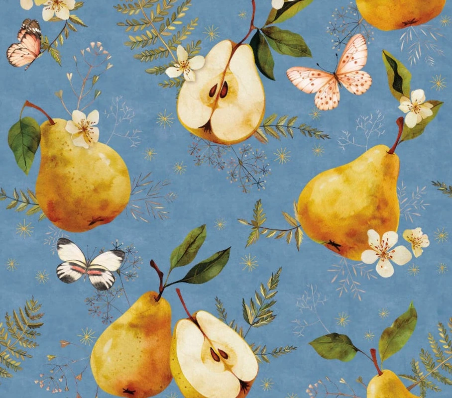 Фотообои и фрески на стену - цветы, с фруктами, груши, синий, желтая, бабочки